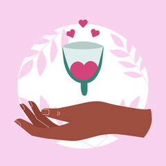 The concept of critical days. The hand is holding a menstrual cup. Vector illustration.