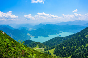 Naklejka na ściany i meble View from Mountain Herzogstand to Lake Walchensee - close to Kochel am See - beautiful travel destination in Bavaria, Germany