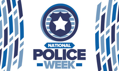 National Police Week. Celebrated annual in May. In honor of the United States police hero. Police badge and star. Officers Memorial Day. American patriotic design. Vector poster, creative illustration