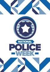 National Police Week. Celebrated annual in May. In honor of the United States police hero. Police badge and star. Officers Memorial Day. American patriotic design. Vector poster, creative illustration