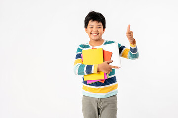 Portrait of Happy asian boy with laptop and books isolated on white background, Education and learning with technology concept