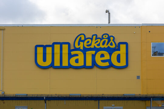Falkenberg, Sweden - February 19 2022: Gek&aring;s Ullared logo on the wall of the warehouse.