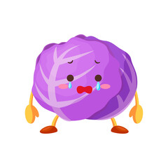 涙を流す可愛い紫キャベツのキャラクターのイラスト