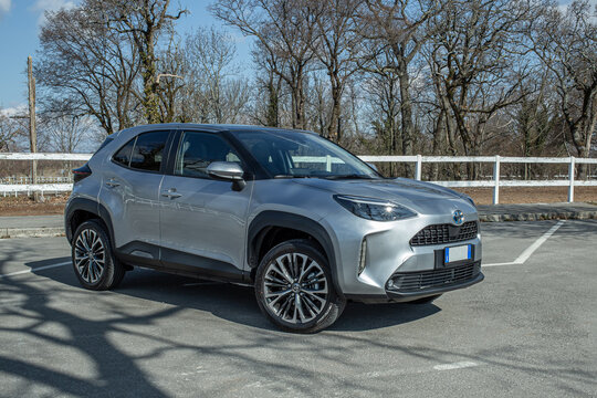 Lipiza, Slovenia. March 05, 2022. New Toyota Yaris Cross Hybrid of Japanese brand Toyota. Crossover SUV with AWD-I all wheel traction.