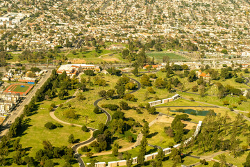 Aerial view of the rolling hills of the Inglewood park Cemetery in Inglewood, California, USA