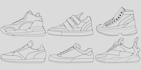 set of outline Cool Sneakers. Shoes sneaker outline drawing vector, Sneakers drawn in a sketch style, sneaker trainers template outline, Set Collection. vector Illustration.
