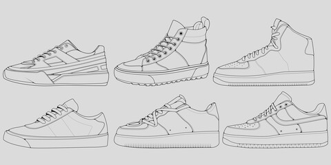 set of outline Cool Sneakers. Shoes sneaker outline drawing vector, Sneakers drawn in a sketch style, sneaker trainers template outline, Set Collection. vector Illustration.
