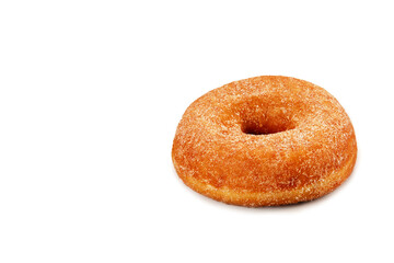 Donut or donut covered in sugar, bread on white background with space for text