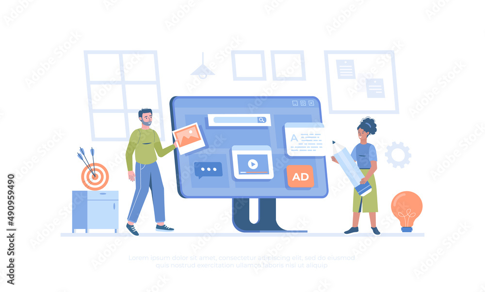 Poster people building user interface. content marketing. web and app development. writing and editing text