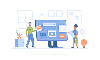 Obraz na płótnie Canvas People building user interface. Content marketing. Web and app development. Writing and editing texts, photos and videos. Cartoon modern flat vector illustration for banner, website design, landing