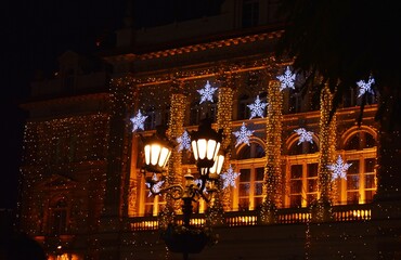 New Year's decoration in the shape of a star on the building