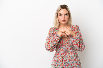 Young caucasian woman isolated on white background making the gesture of being late