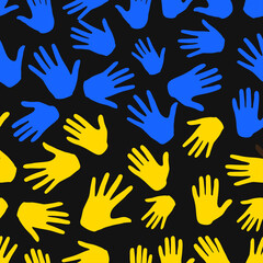 Stand with Ukraine. Blue and yellow hands as ukrainian national flag on black. Stop war. Modern illustration in flat style. Ukraine Russia war. 