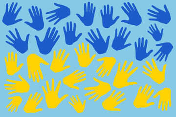 Stand with Ukraine. Blue and yellow hands as ukrainian national flag. Stop war. Modern illustration in flat style. Ukraine Russia war. 