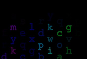 Dark multicolor, rainbow vector background with signs of alphabet.