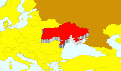 ukraine: map of europe with ukraine highlighted in red and borders in three-dimensional 3d bordering countries in yellow and brown, with no names.