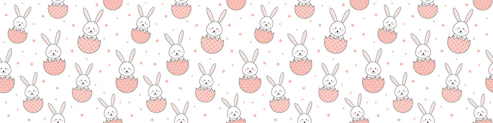 Easter banner with bunnies and decorative eggs. Seamless pattern. Vector