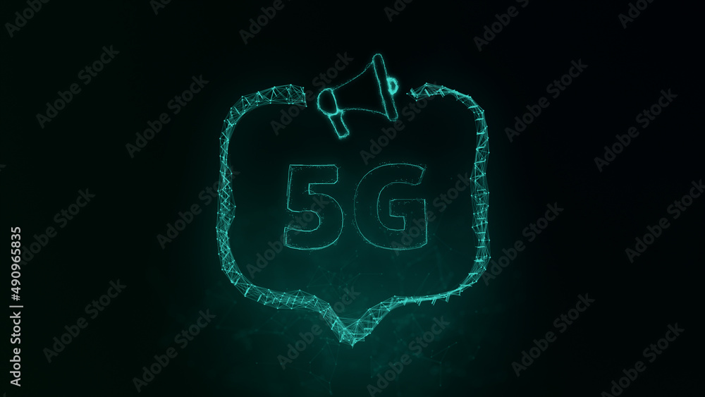 Poster Megaphone banner with speech bubble and text 5G. Plexus style of green glowing dots and lines. Abstract illustration