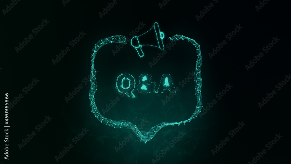 Poster Megaphone banner with speech bubble and text q and a. Question. Plexus style of green glowing dots and lines. Abstract illustration