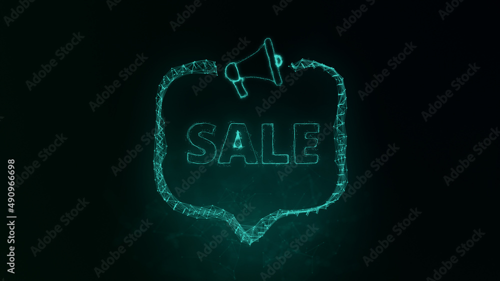 Aufkleber Megaphone banner with speech bubble and text sale. Plexus style of green glowing dots and lines. Abstract illustration