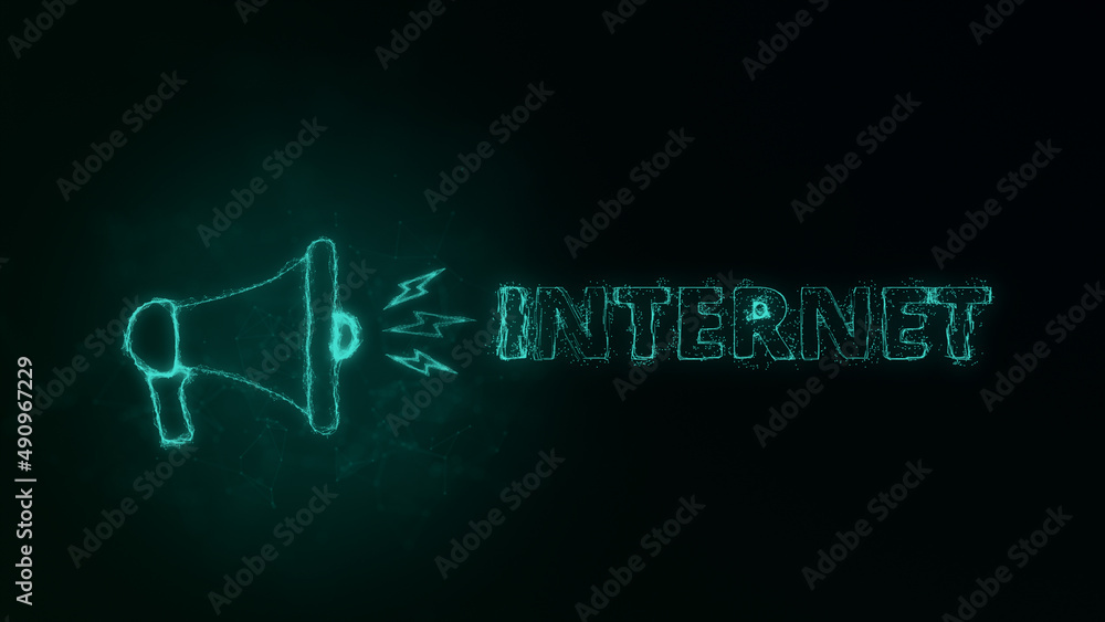 Poster Megaphone banner with text internet. Plexus style of green glowing dots and lines. Abstract illustration