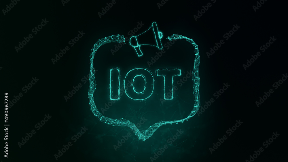 Leinwandbilder Megaphone banner with speech bubble and text IOT. Plexus style of green glowing dots and lines. Abstract illustration