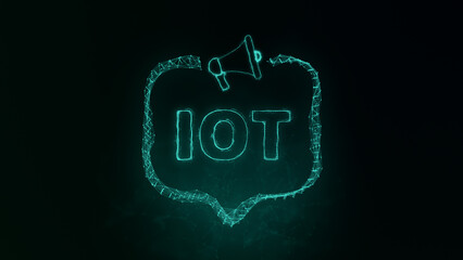 Megaphone banner with speech bubble and text IOT. Plexus style of green glowing dots and lines. Abstract illustration