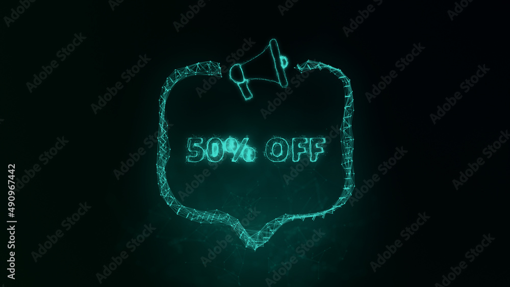Poster Megaphone banner with speech bubble and text 50 percent off. Plexus style of green glowing dots and lines. Abstract illustration