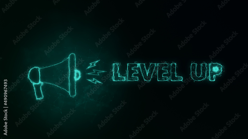 Poster Megaphone banner with text level up. Plexus style of green glowing dots and lines. Abstract illustration