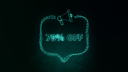 Megaphone banner with speech bubble and text 70 percent off. Plexus style of green glowing dots and lines. Abstract illustration
