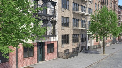 Fototapeta premium Beautiful terraced houses and apartments in sunshine on a city road.