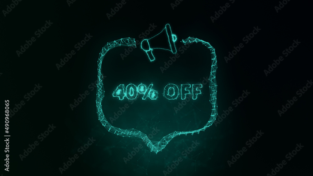 Aufkleber Megaphone banner with speech bubble and text 40 percent off. Plexus style of green glowing dots and lines. Abstract illustration