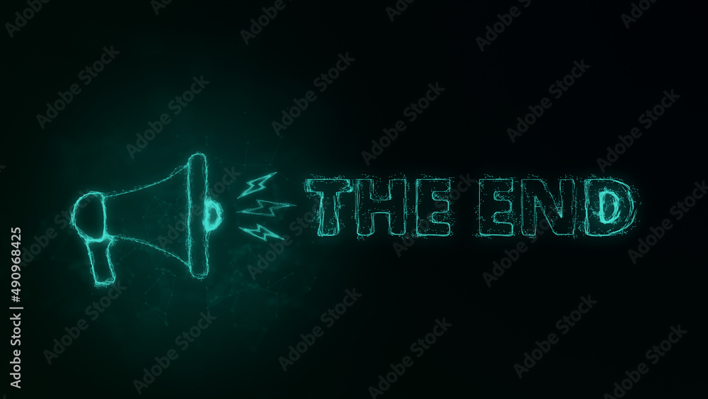 Poster Megaphone banner with text the end. Plexus style of green glowing dots and lines. Abstract illustration