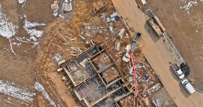 Aerial top view townhouse foundation of a new home construction