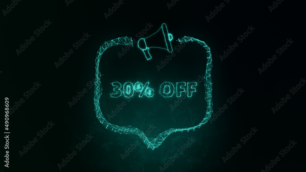 Fototapete Megaphone banner with speech bubble and text 30 percent off. Plexus style of green glowing dots and lines. Abstract illustration
