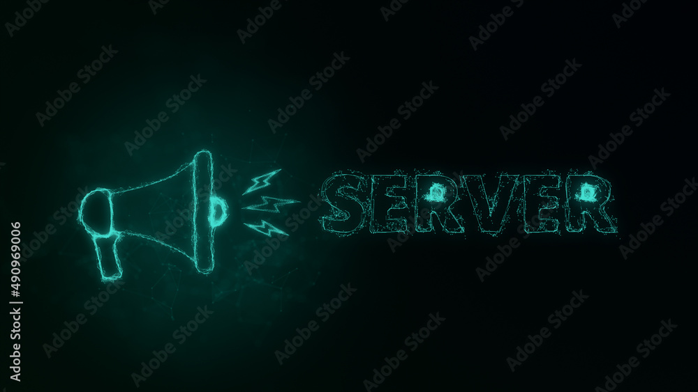 Poster Megaphone banner with text server. Plexus style of green glowing dots and lines. Abstract illustration