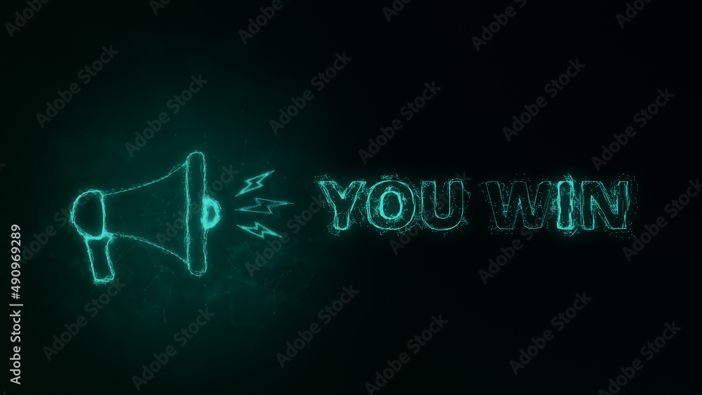 Fototapete megaphone banner with text you win. plexus style of green glowing dots and lines. abstract illustrat