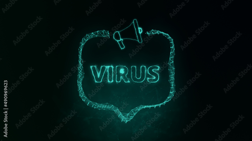 Poster Megaphone banner with speech bubble and text virus. Plexus style of green glowing dots and lines. Abstract illustration