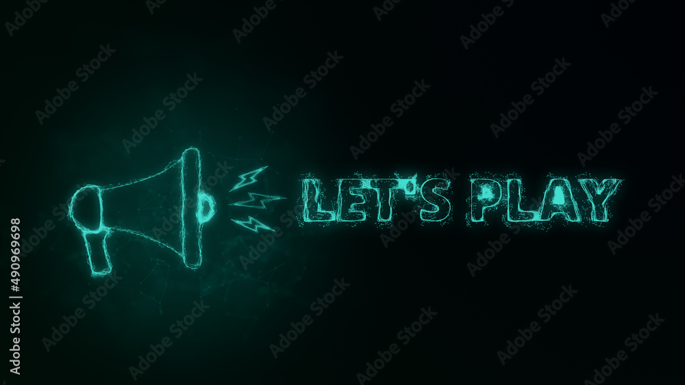 Poster Megaphone banner with text let's play. Plexus style of green glowing dots and lines. Abstract illustration