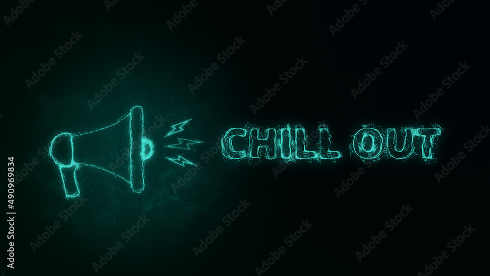 Poster Megaphone banner with text chill out. Plexus style of green glowing dots and lines. Abstract illustration