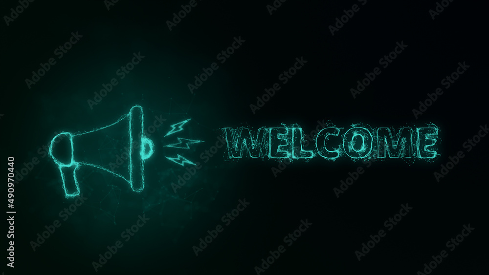 Leinwandbilder Megaphone banner with text welcome. Plexus style of green glowing dots and lines. Abstract illustration