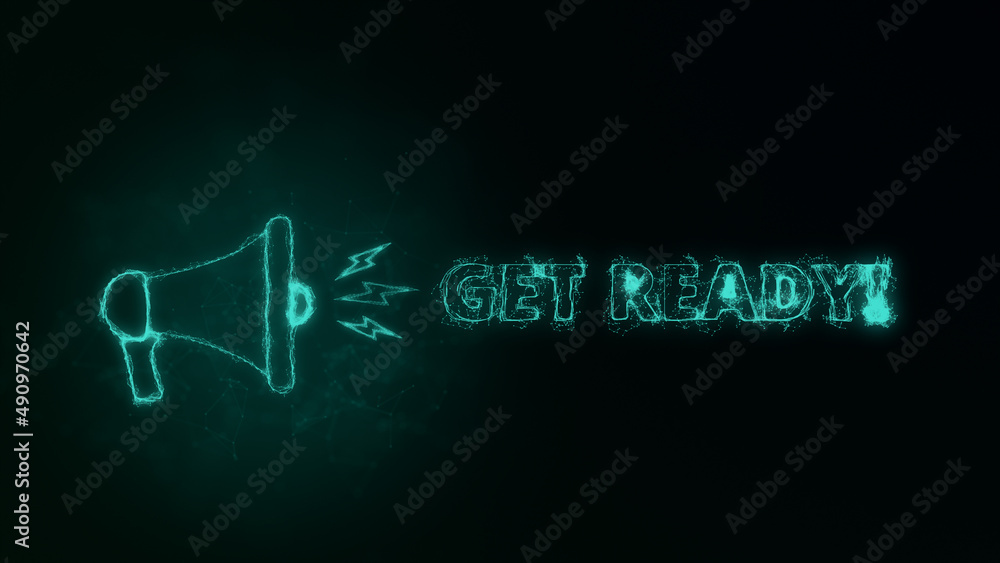 Fototapete Megaphone banner with text get ready. Plexus style of green glowing dots and lines. Abstract illustration