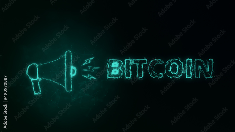 Fototapete megaphone banner with text bitcoin. plexus style of green glowing dots and lines. abstract illustrat