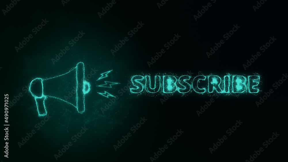 Poster Megaphone banner with text subscribe. Plexus style of green glowing dots and lines. Abstract illustration