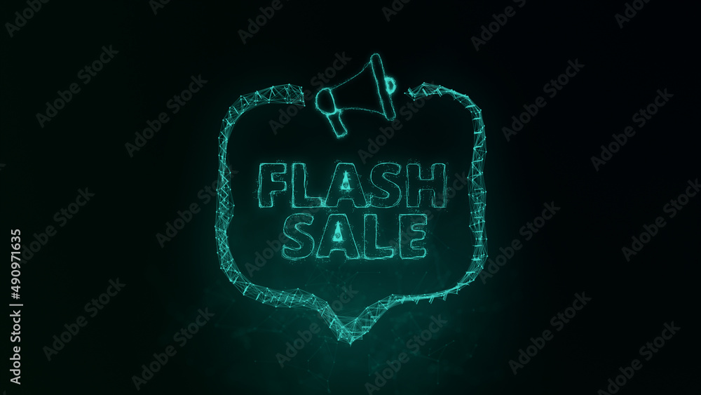 Poster Megaphone banner with speech bubble and text flash sale. Plexus style of green glowing dots and lines. Abstract illustration