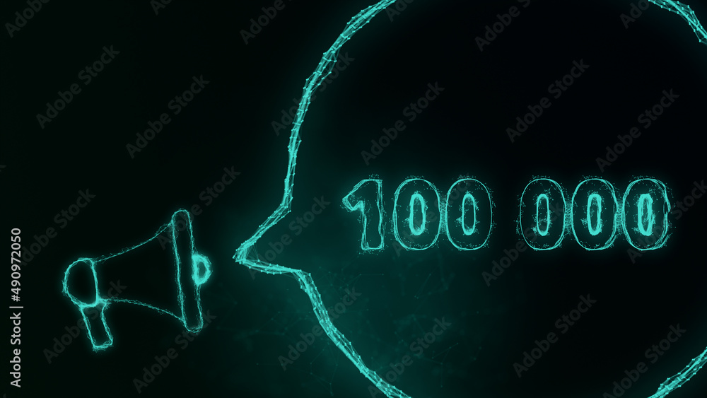 Aufkleber megaphone banner with speech bubble and 100000 number. 100k likes, followers. plexus style of green 