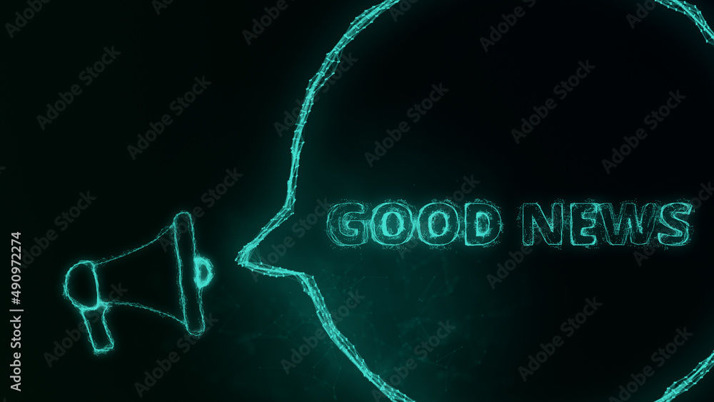 Poster Megaphone banner with speech bubble and text good news. Plexus style of green glowing dots and lines. Abstract illustration