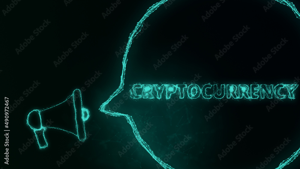 Poster Megaphone banner with speech bubble and text cryptocurrency. Plexus style of green glowing dots and lines. Abstract illustration