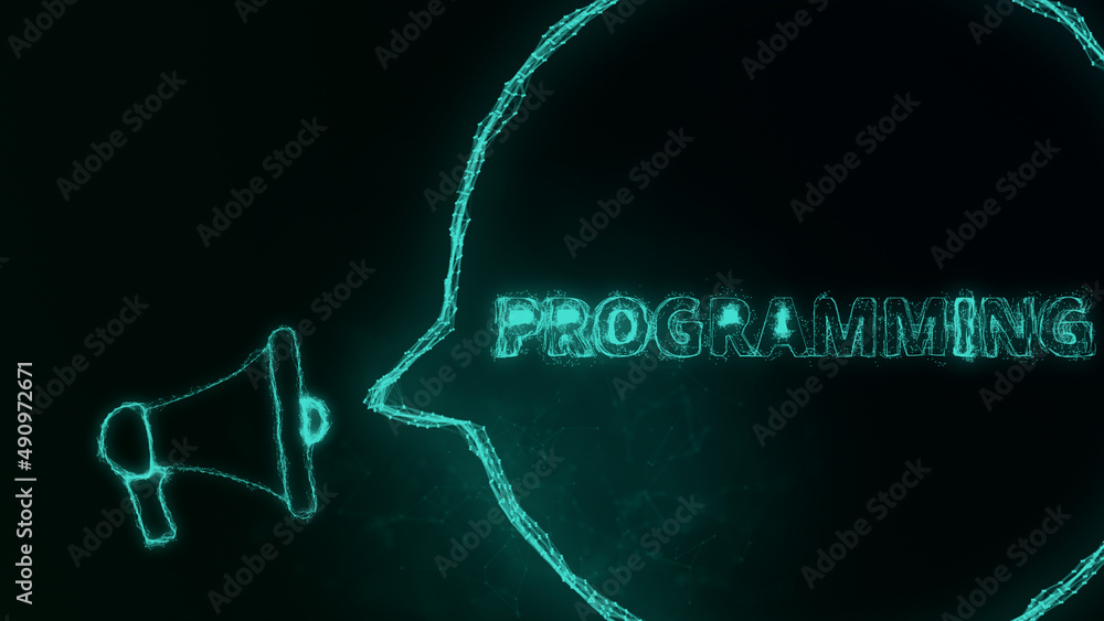 Aufkleber Megaphone banner with speech bubble and text programming. Plexus style of green glowing dots and lines. Abstract illustration