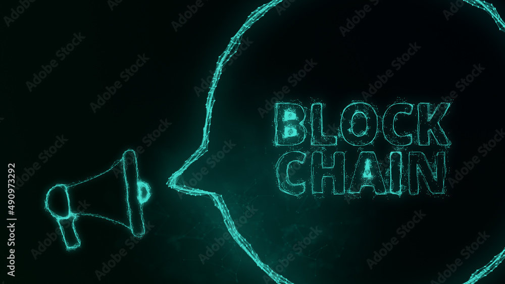 Poster Megaphone banner with speech bubble and text block chain. Plexus style of green glowing dots and lines. Abstract illustration